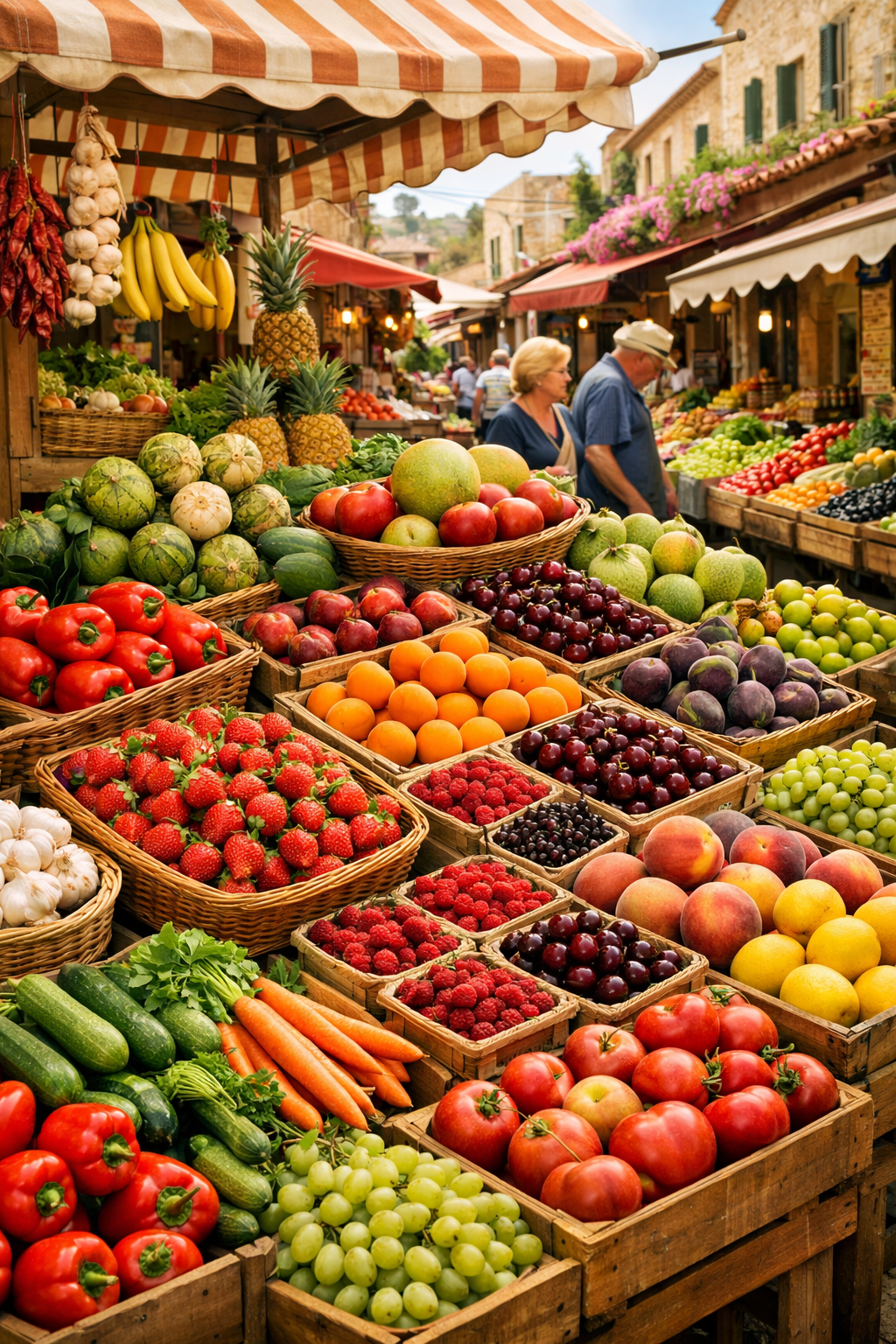Mediterranean open-air market with fresh fruit and vegetables