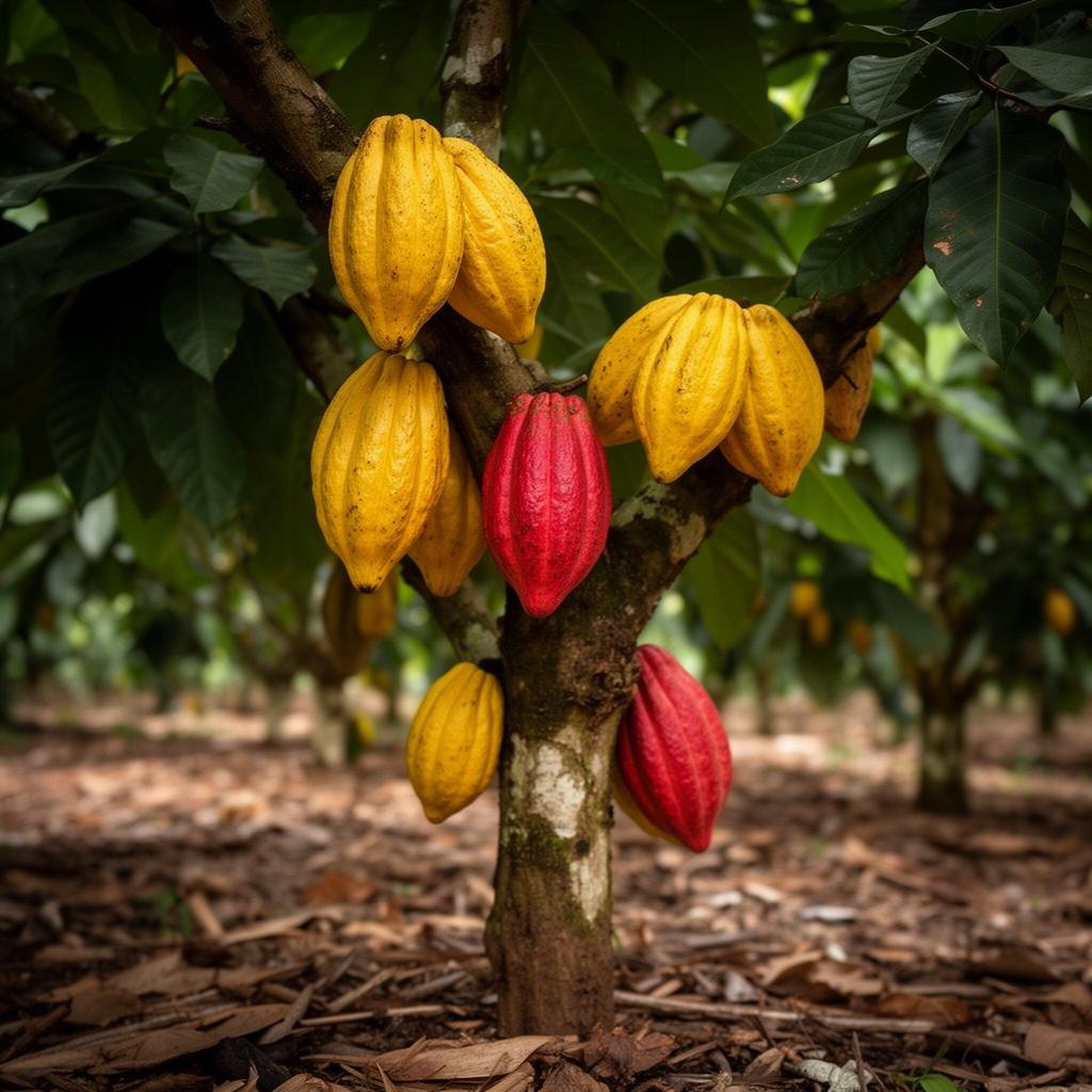Cocoa pods on a tree in a South American plantation